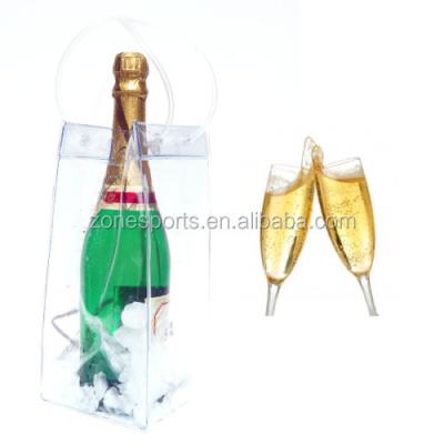 China Recyclable and durable fashional and popular PVC crystal transparent chiller bag for wine, recyclable plastic iced wine package bag for sale