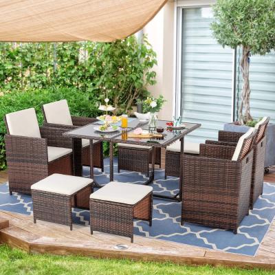 China Small Modern 9 Piece Patio Dining Set Outdoor Patio PE Backyard Lawn Garden Wicker Rattan Furniture Set for sale