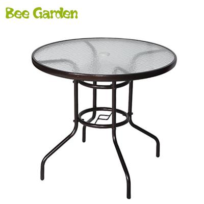 China In Stock Garden Outdoor Dining Table, Metal Tempered Glass Table, Round Patio Bistro Table for sale