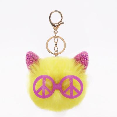 China Bag Car Pendant Accessories New Fashion Glitter Ear Personalized Fur Glass Pom Pom Faux Fox Key Chains Plush Cats Key Chain for sale