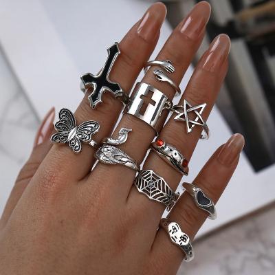 China Other 10Psc/Set Silver Plated Snake Butterfly Custom Cross Heart Star Spider Eyes Hip Hop Skull Jewelry Ring Set For Women for sale