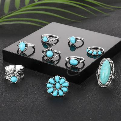 China Other 7/8/9Psc/Set Personalized Emerald Natural Stone Fashion Ethnic Vintage Style With Turquoise Carved Feather Ring Jewelry Ring Set for sale