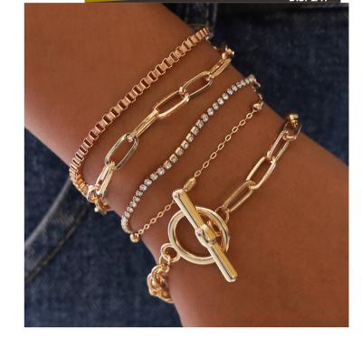 China 5Pcs/Set CLASSIC Gemstone Zircon Fashion Stacks Set Gold Plated Stainless Steel Diamond Snake Chain Bracelet Bangle Friendship for sale