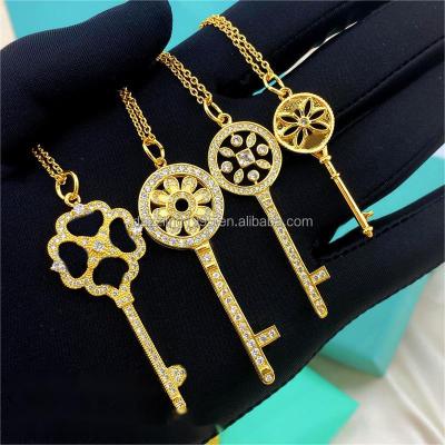 China CLASSIC Designs T Brand Jewelry Luxury Fashion Stainless Steel Key Shape Rose Gold Inlaid Zircon Necklace Gold Silver Pendant for sale