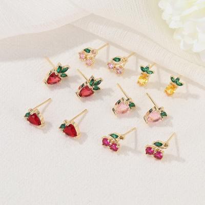 China FASHIONABLE European and American Pineapple Cherry Shape Cubic Zirconia Gold Plated Ear Stud Fruit Earrings Women for sale