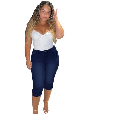 China Plus Size Dropshipping New European and American Large Size Women's Clothing Denim High Cropped Pants Thin Elastic for sale