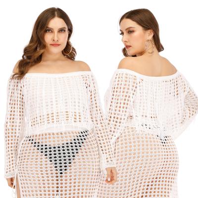 China Dropshipping Breathable Plus Size Mesh Loose Boat Neck Cavity See Through Long Tassel Sleeve Crop Top for sale