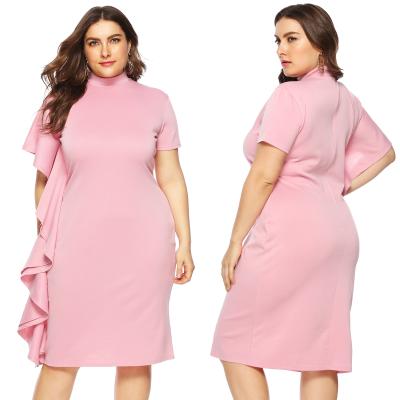 China Plus Size Female Clothing Solid Color Neck Falbala Bodycon Dress Breathable Pink Women Maxi Dress Ladies for sale