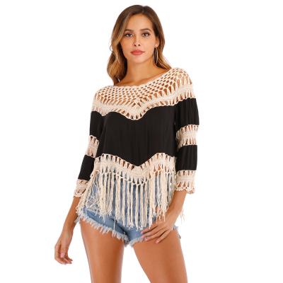 China Dropshipping Breathable 2020 New Women Three Quarter Sheath Crochet Crop Tops Long Tassel Beach Blouse Shirt Woman for sale