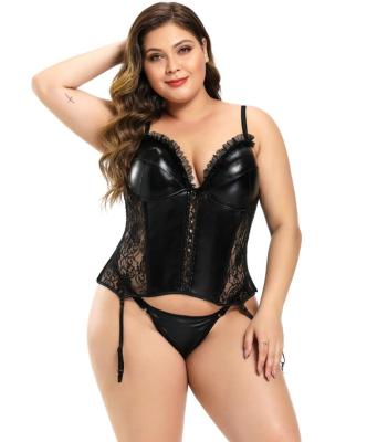 China 2020 Antibacterial Plus Size S-5XL Newest Faux Lace Bustier Black Leather Shaper Shape Sexy Women Lace Up Corset With Straps for sale