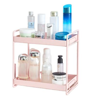 China Modern Kitchen Bathroom Cabinet Under Sink Organizer and Storage Rack with Hooks Hollow Out Portable 2Tier Makeup Rack for sale