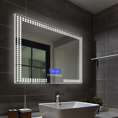 China 80*60cm Illuminated Led Anti Fog Touch Switch Digital Clock Bath Vanity Wall Mounted Mirror With Bluetooth Speaker for sale