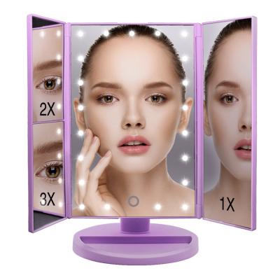 China Amazon Success Lighted Vanity Led Travel Makeup Mirror Desktop Lighted Triple Magnified Make Up Mirror With Lights for sale