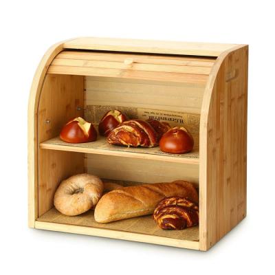 China Bread Box 2 Layer Kitchen Countertop Adjustable Bread Shelf Bamboo Bread Bin Wooden Bread Box for sale