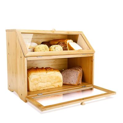 China Large Capacity Bamboo Storage Food Bread Storage Box Wooden Bread Bin For Kitchen for sale