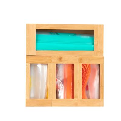 China Viable Storage Ziplock Dispenser Bag Bamboo Kitchen Drawer Organizer For Sandwich Snack Bag With Various Size for sale