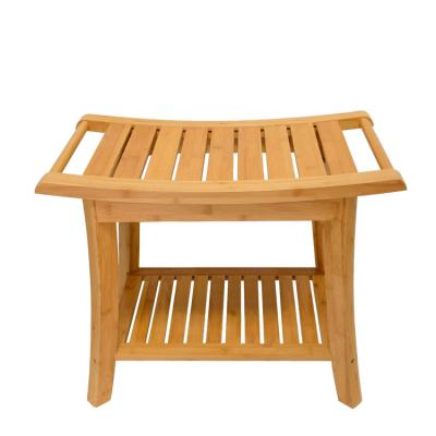 China Modern Wholesale Wooden Bamboo Bath Stool Shower Bench Organizer with Bamboo Shelf and Bathroom Spa Seat for sale