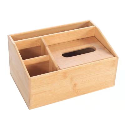 China Traditional Multifunctional Tissue Box Bamboo Stationery Box Wooden Organizer Office Desktop Storage Organizer for sale