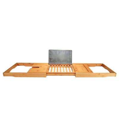 China Sustainable Wooden Luxury Craft Bathtub Tray Adjustable Expandable Bamboo Caddy For Bathroom With Towel Rack for sale