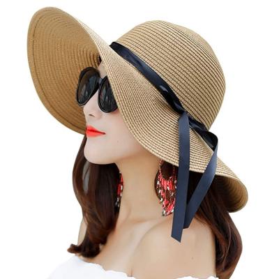 China New Bowknot Summer Character Wide Brim Beach Hat Washable Soft Ladies Fashion Foldable Straw Hat for sale