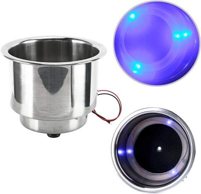 China Fittings LED Blue Stainless Steel Marine Cup Drink Holder With Drain And Hardware Blue LED Marine Boat Rv Camper for sale