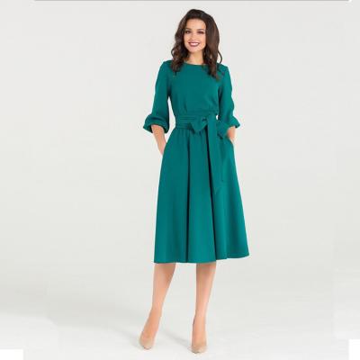 China Amazon Aliexpress Sale Office Lady Dress Solid Long Sleeve Women Anti-Static 2020 Hot Anti-Static Casual Dress With Belt Bow for sale