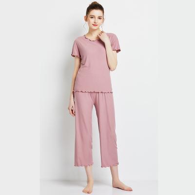 China 2021 New Arrival Women's Pajamas Modal Pure Color Knitted Homewear Loose Fungus Edge Pants Set for sale