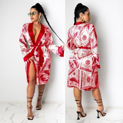 China Dropshipping Lady Printed Robe Long Sleeve V-Neck Cardigan Pajamas Eco-Friendly Dollar Printing Belt Women's Slim Nightgown Nightgown for sale