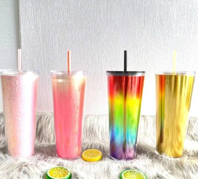 China CLASSIC 24oz wholesale bling double wall glitter plastic iridescent mug with straw and lid for sale