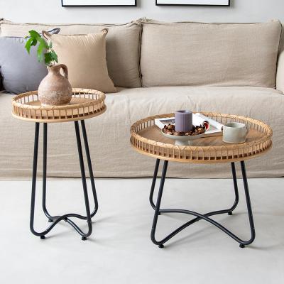 China (Height)Adjustable Rattan Around Apartment Small Size Living Room Wrought Iron Homestay Sofa Side Corner Coffee Table Nordic Minimalist Set for sale