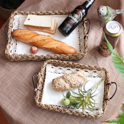 China Home Decorative Rustic Wood Handle Tray Wooden Handle Food Dish Fruit Bread Trays Rattan Picnic Sustainable Woven Wicker Basket for sale