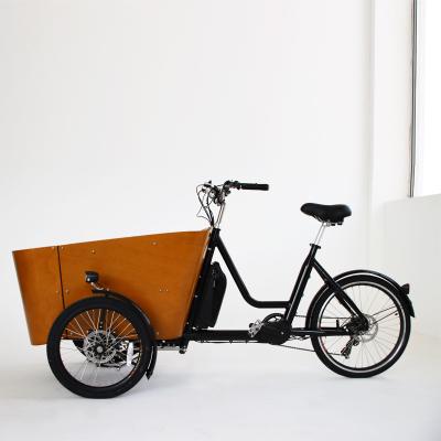 China Cheap Passenger Fmaily Electric ARC Cargo Tricycle Bike Mid Drive 3 Wheel Bike With Wooden Box For 4 Kids for sale