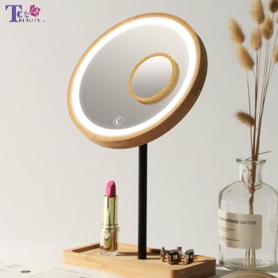 China 3X Magnifying LED Lighted Wooden Desktop Makeup Mirror USB Charging Adjustable Light Touch Screen Lighted Diffused Beauty Mirrors for sale