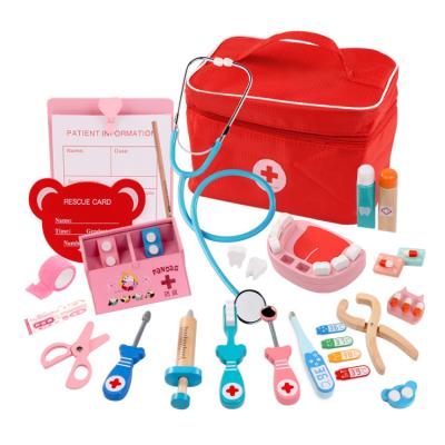 China Simulation Wood Wooden Bag Medicine Box Children Play Tool Set Doctor Toy for sale