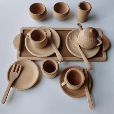 China Hot Selling Simulation Wooden Popular Tableware Solid Beech Wood Kitchen Toy Tea Set For Children for sale