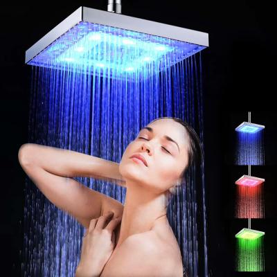 China Needle Free 8 Inch Square Bathroom Temperature Sensor RGB 3 Color Changing Overhead LED Shower Head for sale