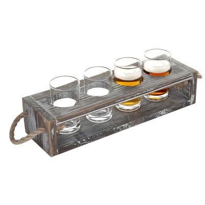 China Rustic Burnt Wood Pine Wood Beer Flight Serving Cart with 5 Ounce Glasses for sale