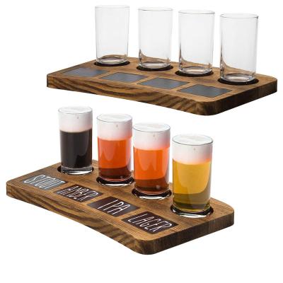 China Dark Brown Pine Wood Beer Flight Sampler Glass 4 Serving Tray with Chalkboard Labels for sale