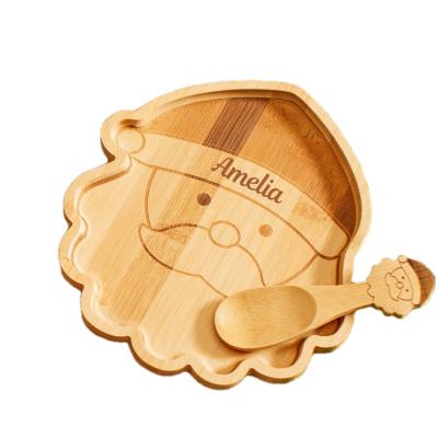 China Minimalist Personalized Bamboo Wooden Dish Santa Bamboo Plates Baby Toddler Weaning Wooden Christmas Feeding Set with Spoon for sale