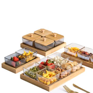 China Gorgeous and Classy Glass Snack Tray Multi Cell Suit with Rectangular Wooden Pallet Dried Fruit Snack Bowl Square Fruit Dish Home Tableware for sale