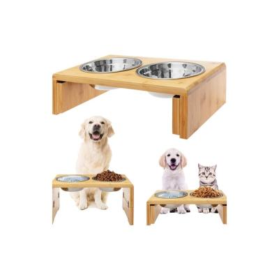 China 15.79 *10*8.5 Sustainable Inch Adjustable Rack Feeder Rounded Bamboo Dog Bowl Raised Pet Bowls for sale