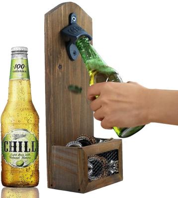 China Durable vintage wall mounted wooden bottle opener with catcher, ideal gift for men and beer lovers for sale