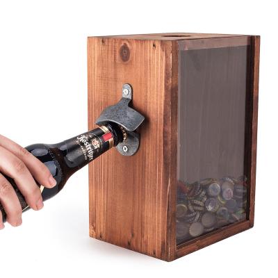 China Durable Beer Canister With Bottle Opener Classic Rustic Wooden Standing Or Wall Mountable Metal Bar Bottle Opener With Beer Collector for sale