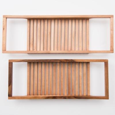 China Sustainable Multi-Functional Acacia Bathroom Tray Caddy Bamboo Bathtub Rack Bath Rack Storage Wooden Bathroom Shelf for sale