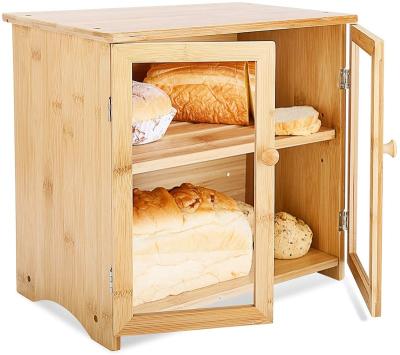 China Large Sustainable Bamboo Bread Box Double Layer Bread Box With Clear Front Windows Lid And Cutting Board Bread Storage Container for sale