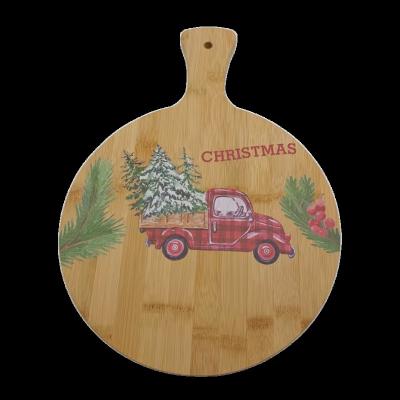 China 2023 Viable Hot Selling Festival Christmas Tree Round Bamboo Cutting Board With Handle UV Paint Bamboo Cutting Plates For Kitchen for sale