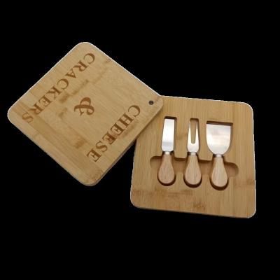 China Customized Hot Selling Viable Mini Cutting Board With Cheese Square Knife Set Laser Logo Bamboo Cheese Board With 3-Piece Customized Tool Kit for sale