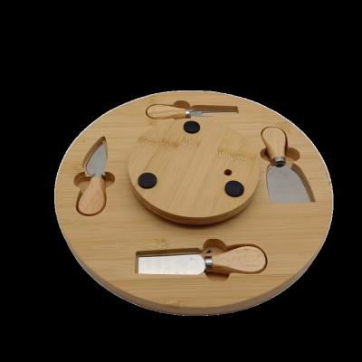 China New Design Sustainable 4-Piece Round Turntable Cheese Bamboo Board Cheese Board Bamboo Wooden Serving Tray for sale