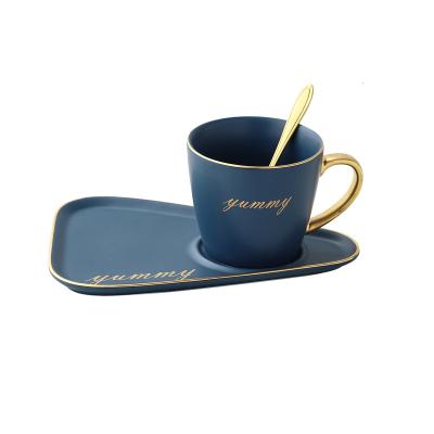 China Japanese Style Viable Luxury Ceramic Cup With Plate Gold Coffee Mug Creative Snack Dish Set Simple English Afternoon Tea Cup With Spoon for sale