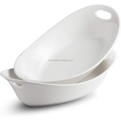 China Large Sustainable Serving Bowl With Handles Set Oval Serving Tray 1.5 Liter Set Of 2 White for sale